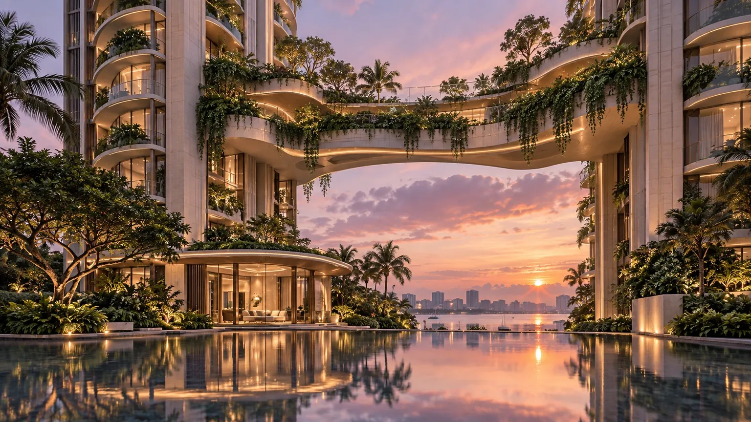 Artistic impression of a planted sky bridge linking two curved residential blocks above a reflecting pool, with the water and sunset beyond