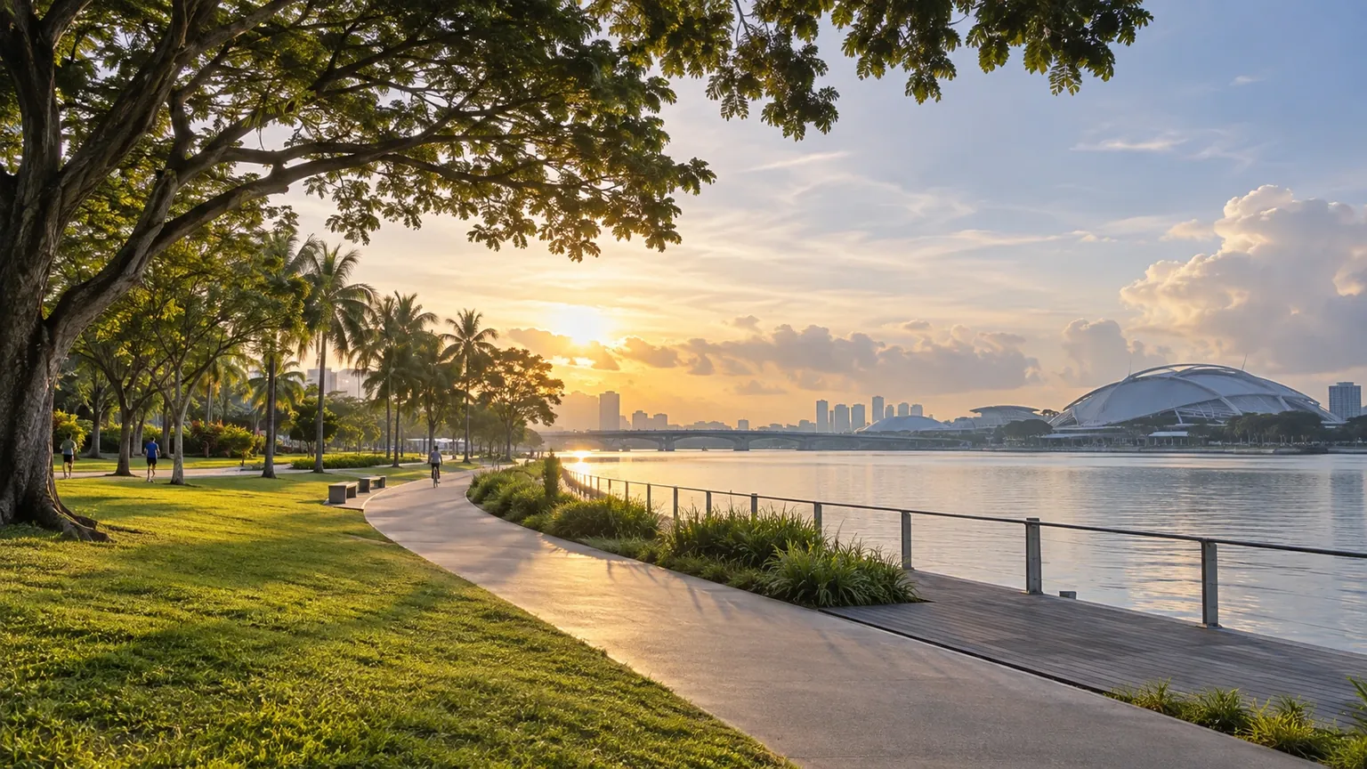 The Kallang waterfront promenade at sunrise, with a cycling path, mature trees and the Singapore Sports Hub across the water