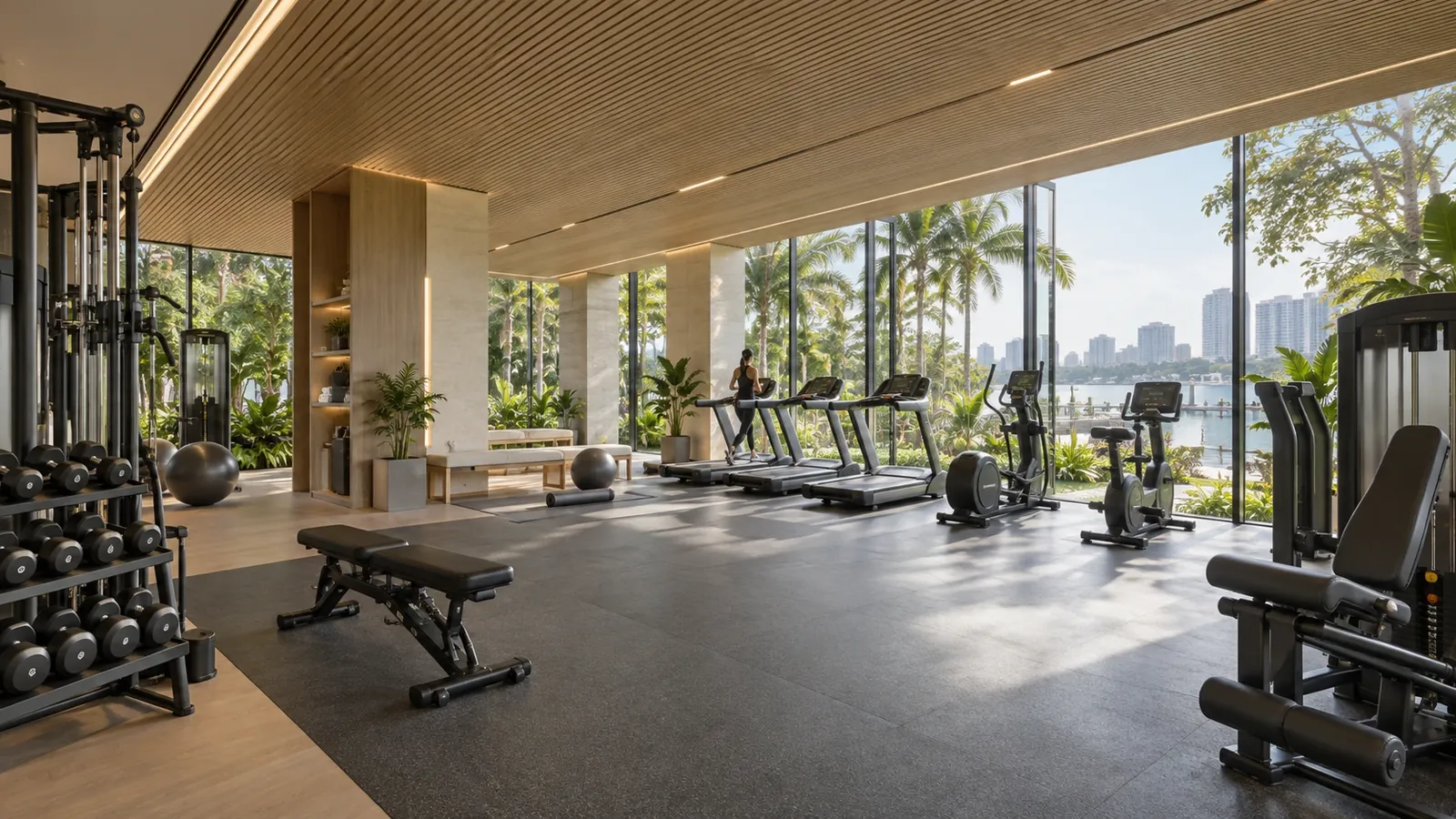 Artistic impression of a gym with treadmills and free weights facing full-height windows onto palms and open water