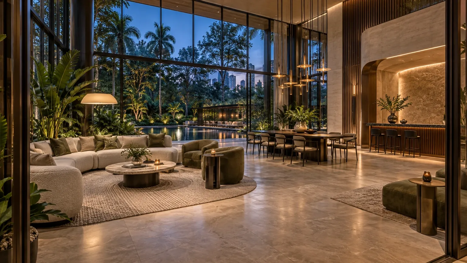 Artistic impression of a double-height residents’ lounge with curved sofas and a dining table, opening through full-height glass onto a lit pool and planting
