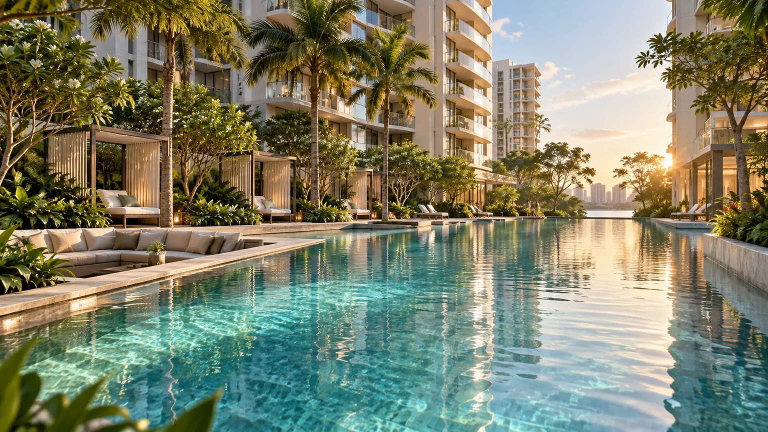 Artistic impression of a long lap pool at golden hour, edged with cabanas, frangipani and palms below residential balconies