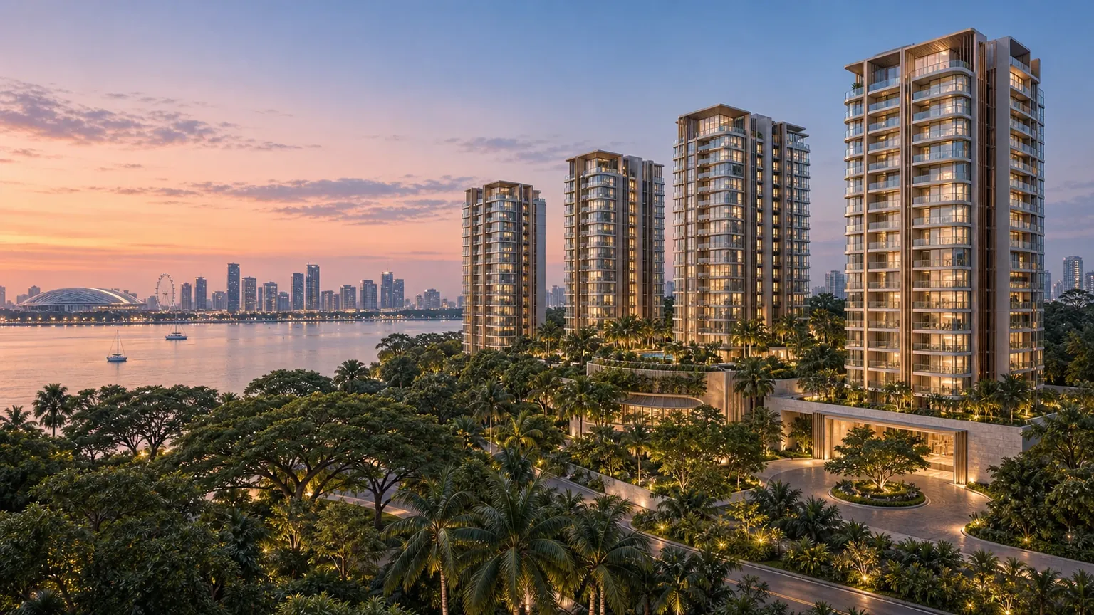 Artistic impression of four waterfront residential towers at dusk above tree canopy, with the Kallang Basin and the city skyline behind